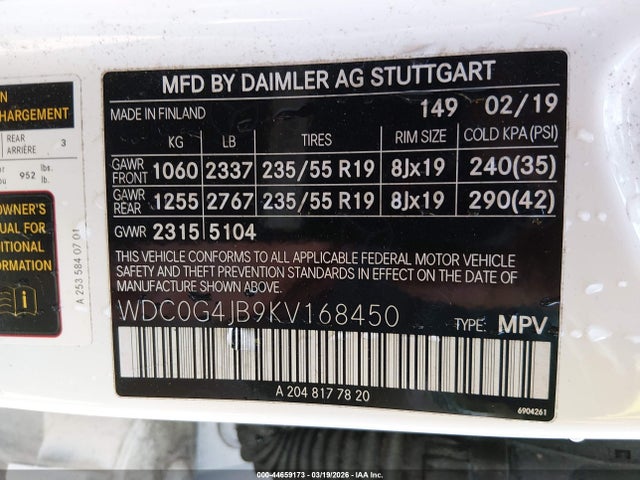 44659173 :رقم المزاد ، WDC0G4JB9KV168450 vin ، 2019 Mercedes-benz Glc 300 مزاد بيع