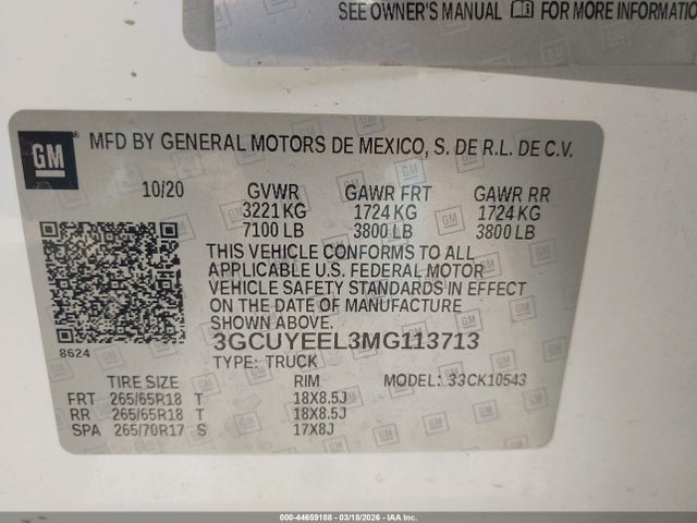 Aukcja sprzedaży 2021 Chevrolet Silverado 1500 4wd  Short Bed Rst, vin: 3GCUYEEL3MG113713, numer aukcji: 44659188