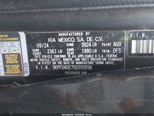 2025 Kia K4 Ex მანქანა იყიდება აუქციონზე, vin: 3KPFU4DE7SE033096, აუქციონის ნომერი: 44659190