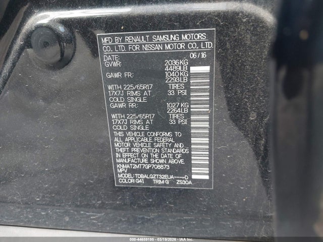44659195 :رقم المزاد ، KNMAT2MT7GP708873 vin ، 2016 Nissan Rogue S/sl/sv مزاد بيع