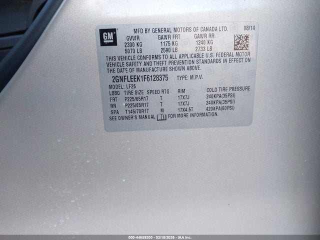 44659200 :رقم المزاد ، 2GNFLEEK1F6128375 vin ، 2015 Chevrolet Equinox Ls مزاد بيع