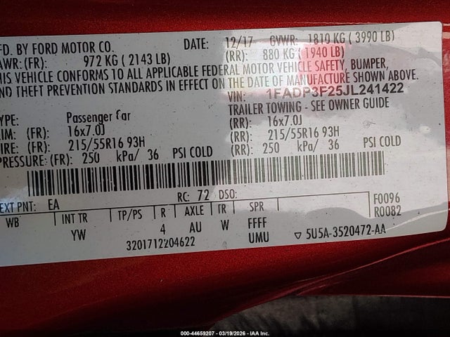 1FADP3F25JL241422 Ford FOCUS SE