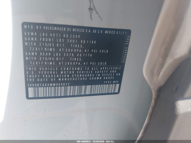 44659221 :رقم المزاد ، 3VV0B7AXXMM069622 vin ، 2021 Volkswagen Tiguan 2.0t S مزاد بيع