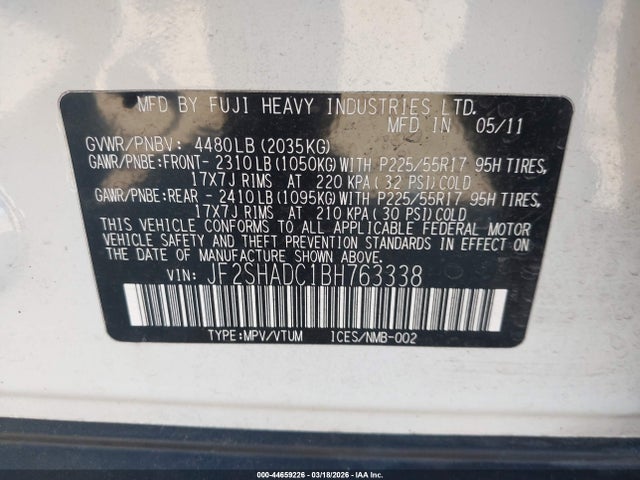 Aukcja sprzedaży 2011 Subaru Forester 2.5x Premium, vin: JF2SHADC1BH763338, numer aukcji: 44659226