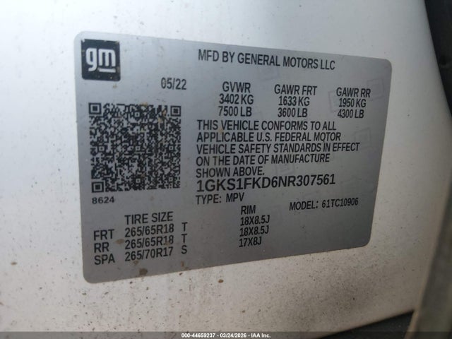 1GKS1FKD6NR307561 GMC Yukon Xl 2wd Sle