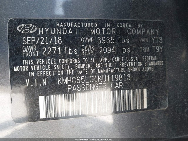 2019 Hyundai Ioniq Hybrid Blue მანქანა იყიდება აუქციონზე, vin: KMHC65LC1KU119813, აუქციონის ნომერი: 44659247
