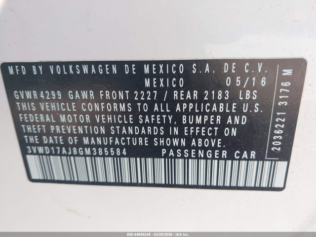 Aukcja sprzedaży 2016 Volkswagen Jetta 1.8t Sport, vin: 3VWD17AJ8GM385584, numer aukcji: 44659248