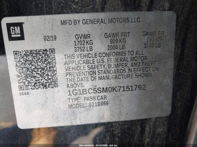 Aukcja sprzedaży 2019 Chevrolet Cruze Ls, vin: 1G1BC5SM0K7151792, numer aukcji: 44659260