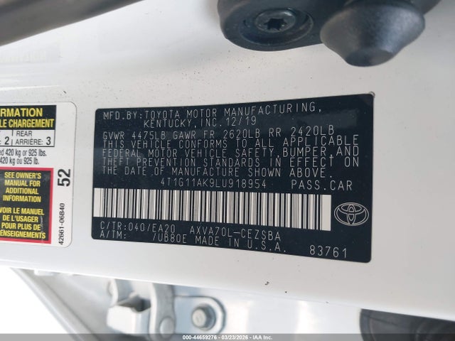 2020 TOYOTA CAMRY 4T1G11AK9LU918954 Photo 8