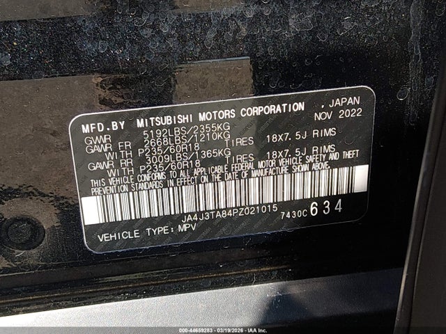 Aukcja sprzedaży 2023 Mitsubishi Outlander Es 2.5 2wd, vin: JA4J3TA84PZ021015, numer aukcji: 44659283