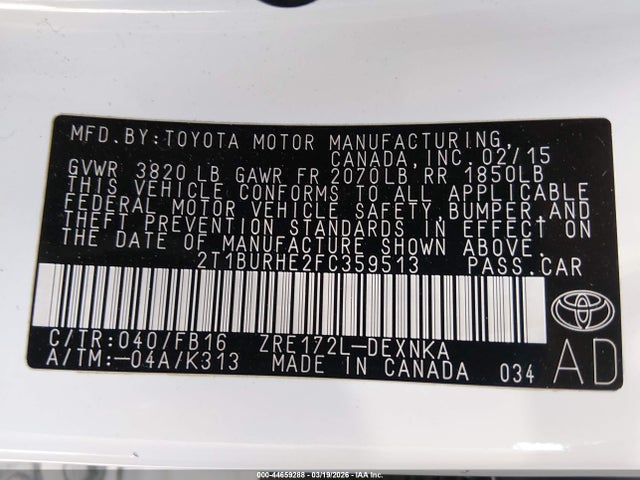 Aukcja sprzedaży 2015 Toyota Corolla Le, vin: 2T1BURHE2FC359513, numer aukcji: 44659288