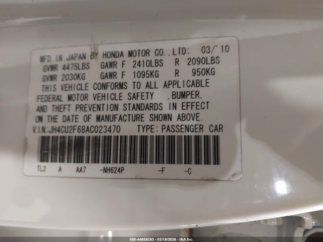 44659293 :رقم المزاد ، JH4CU2F68AC023470 vin ، 2010 Acura Tsx 2.4 مزاد بيع