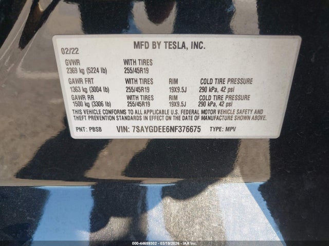 Продажа на аукционе авто 2022 Tesla Model Y Long Range Dual Motor All-wheel Drive, vin: 7SAYGDEE6NF376675, номер лота: 44659302
