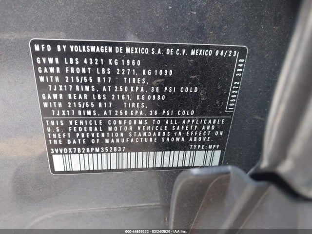 Aukcja sprzedaży 2023 Volkswagen Taos 1.5t S, vin: 3VVDX7B28PM352837, numer aukcji: 44659322