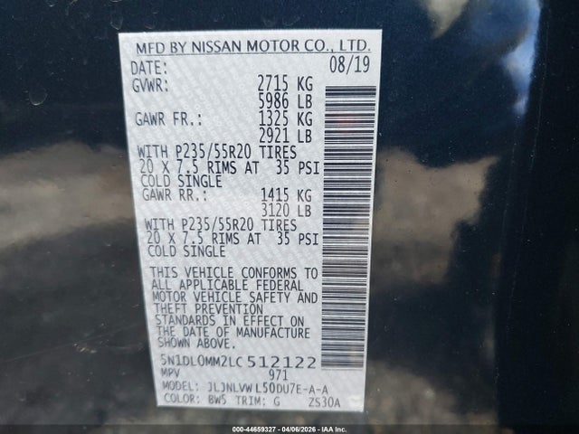 Aukcja sprzedaży 2020 Infiniti Qx60 Luxe Awd, vin: 5N1DL0MM2LC512122, numer aukcji: 44659327