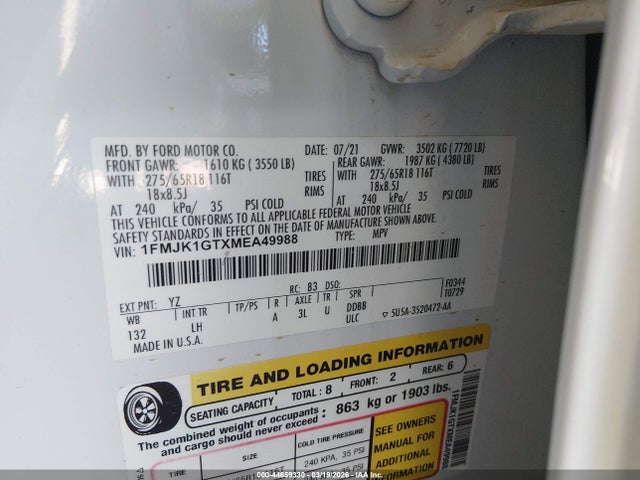 1FMJK1GTXMEA49988 Ford Expedition Xl Max