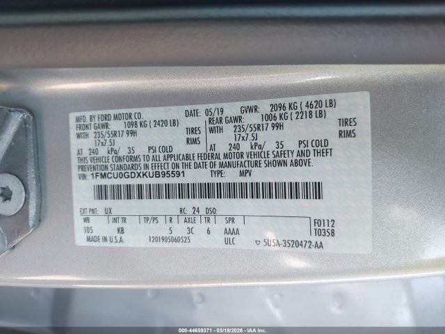1FMCU0GDXKUB95591 Ford ESCAPE SE