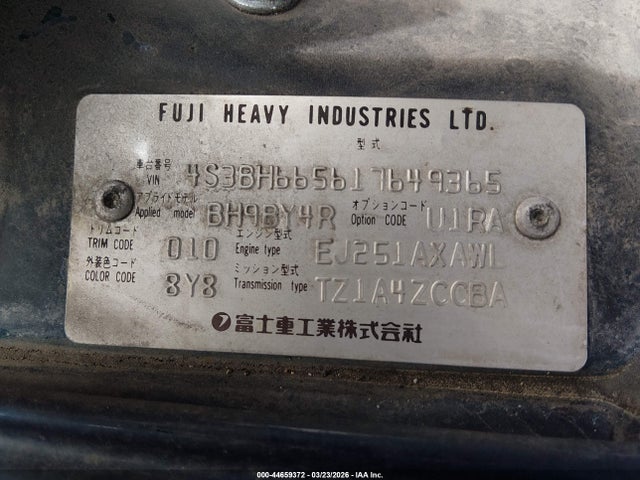 44659372 :رقم المزاد ، 4S3BH665617649365 vin ، 2001 Subaru Outback مزاد بيع