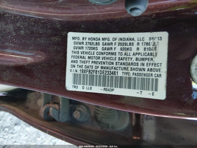 Aukcja sprzedaży 2013 Honda Civic Ex, vin: 19XFB2F81DE233461, numer aukcji: 44659380