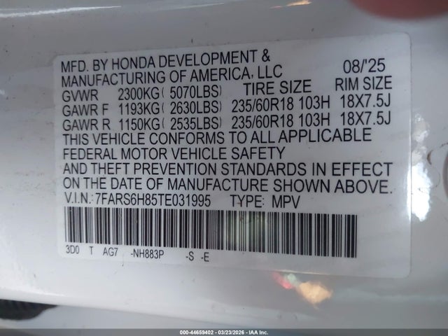 7FARS6H85TE031995 Honda Cr-v Hybrid Awd Sport-l