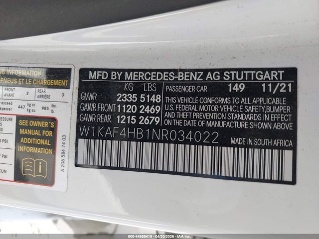 Aukcja sprzedaży 2022 Mercedes-benz C 300 4matic, vin: W1KAF4HB1NR034022, numer aukcji: 44659419