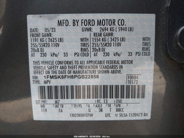 2023 Ford Explorer Limited მანქანა იყიდება აუქციონზე, vin: 1FMSK8FH8PGB22858, აუქციონის ნომერი: 44659479