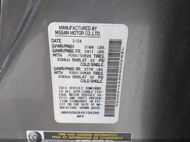 2004 Infiniti Fx35 მანქანა იყიდება აუქციონზე, vin: JNRAS08U84X108286, აუქციონის ნომერი: 44659503