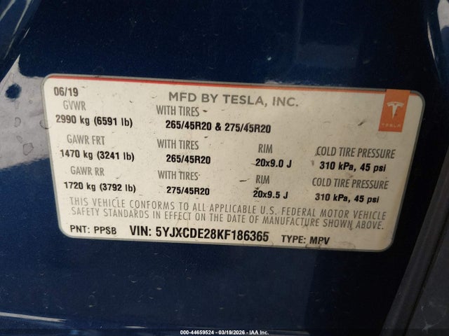 2019 TESLA MODEL X 5YJXCDE28KF186365 Photo 8