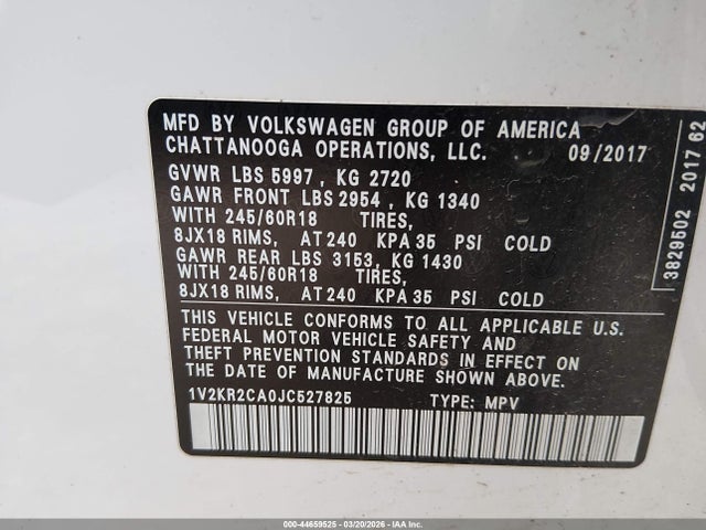 Aukcja sprzedaży 2018 Volkswagen Atlas 3.6l V6 Se, vin: 1V2KR2CA0JC527825, numer aukcji: 44659525