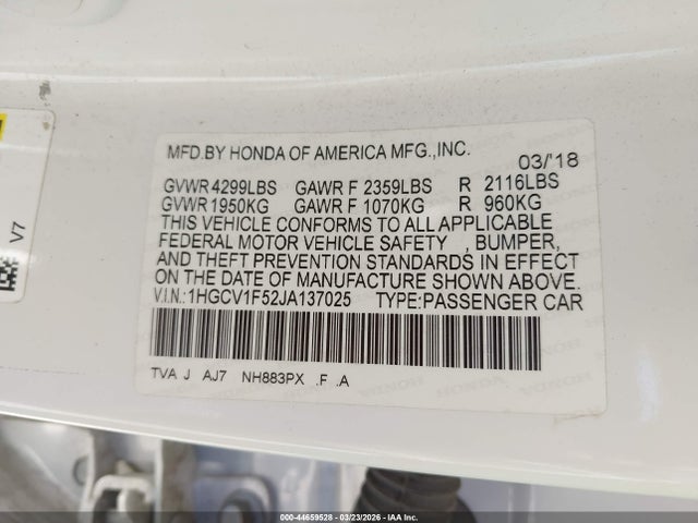 1HGCV1F52JA137025 Honda Accord Ex-l