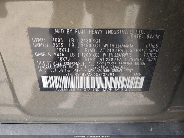 2016 Subaru Outback 2.5i Limited მანქანა იყიდება აუქციონზე, vin: 4S4BSANC0G3332794, აუქციონის ნომერი: 44659532