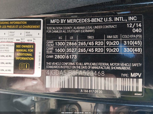 2015 Mercedes-benz Ml 350 მანქანა იყიდება აუქციონზე, vin: 4JGDA5JB8FA523468, აუქციონის ნომერი: 44659547