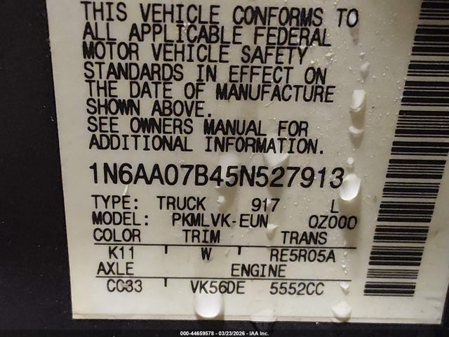 2005 Nissan Titan Le მანქანა იყიდება აუქციონზე, vin: 1N6AA07B45N527913, აუქციონის ნომერი: 44659578
