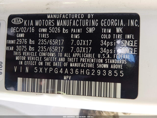 5XYPG4A36HG293855 KIA Sorento 2.4l Lx