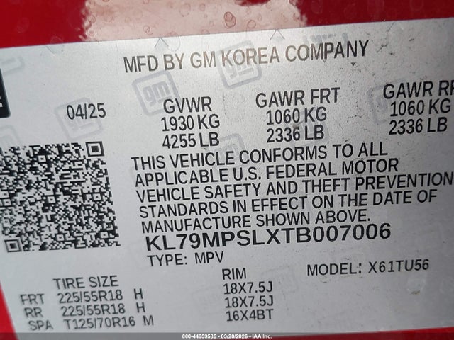 KL79MPSLXTB007006 Chevrolet Trailblazer Fwd Lt