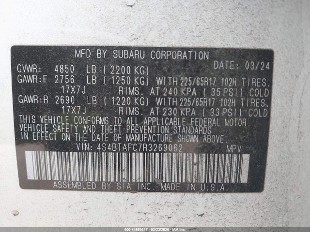 44659587 :رقم المزاد ، 4S4BTAFC7R3269062 vin ، 2024 Subaru Outback Premium مزاد بيع