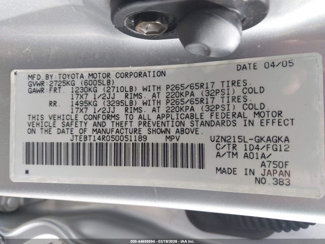 44659594 :رقم المزاد ، JTEBT14R050051189 vin ، 2005 Toyota 4runner Sr5 V8 مزاد بيع