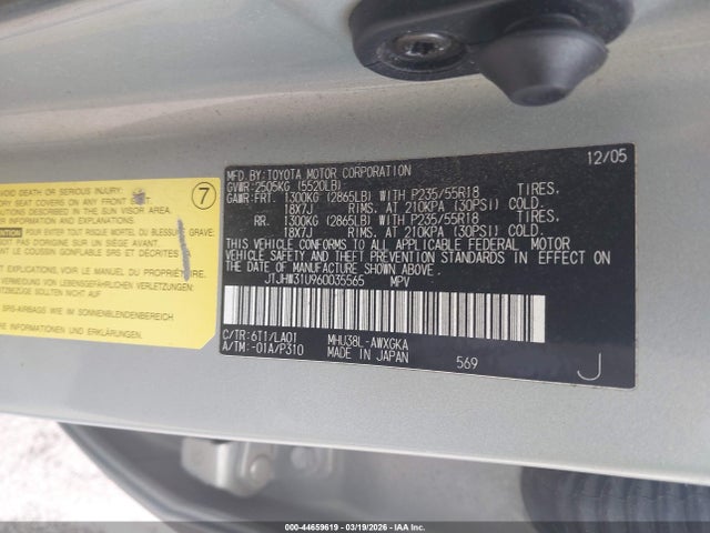 44659619 :رقم المزاد ، JTJHW31U960035565 vin ، 2006 Lexus Rx 400h مزاد بيع
