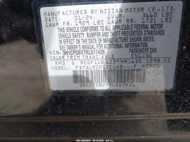 44659620 :رقم المزاد ، 3N1CP5BV7RL517426 vin ، 2024 Nissan Kicks S Xtronic Cvt مزاد بيع