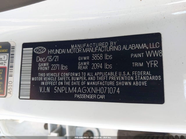 Aukcja sprzedaży 2022 Hyundai Elantra Sel, vin: 5NPLM4AGXNH071074, numer aukcji: 44659632