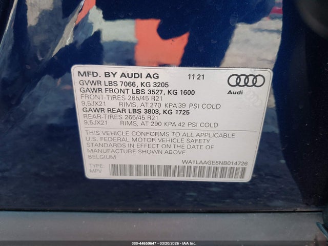 2022 Audi E-tron Premium Plus Quattro მანქანა იყიდება აუქციონზე, vin: WA1LAAGE5NB014726, აუქციონის ნომერი: 44659647