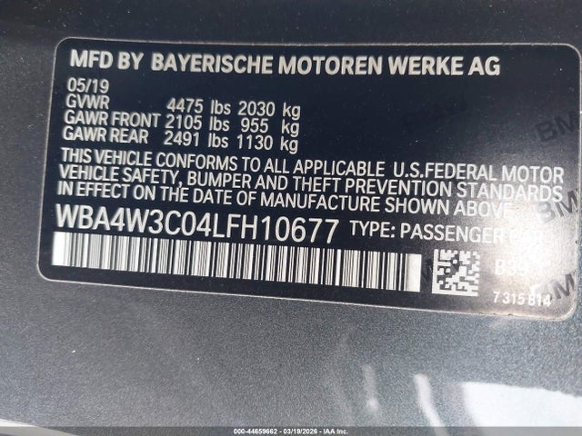 Aukcja sprzedaży 2020 Bmw 430i, vin: WBA4W3C04LFH10677, numer aukcji: 44659662