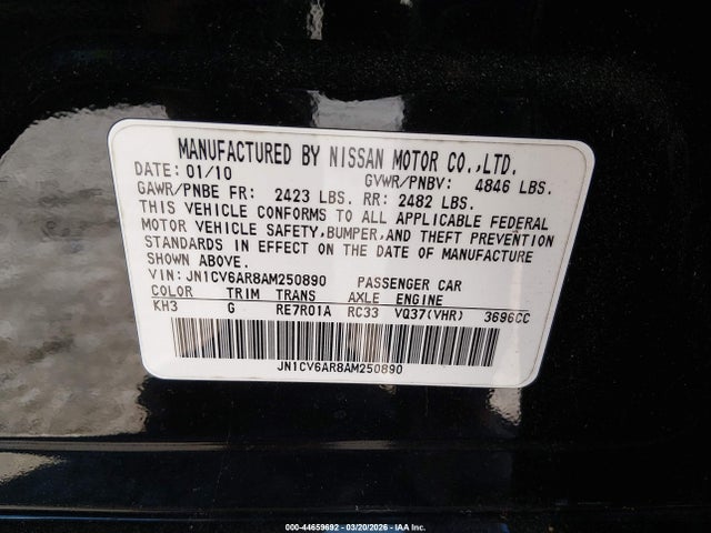 2010 Infiniti G37x მანქანა იყიდება აუქციონზე, vin: JN1CV6AR8AM250890, აუქციონის ნომერი: 44659692