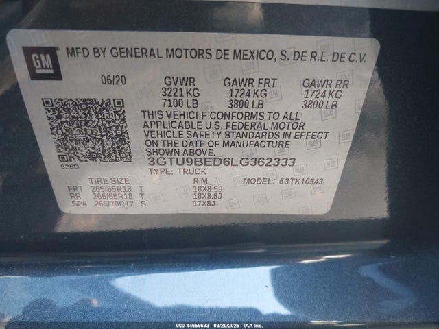 Aukcja sprzedaży 2020 Gmc Sierra 1500 4wd  Short Box Sle, vin: 3GTU9BED6LG362333, numer aukcji: 44659693