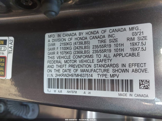 2HKRW2H97MH637514 Honda Cr-v Awd Touring