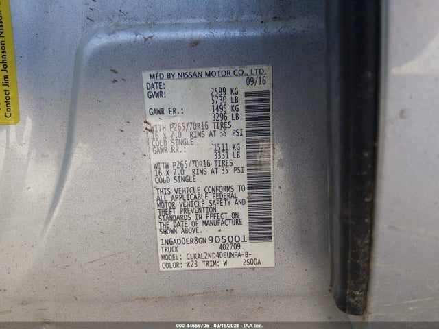 44659705 :رقم المزاد ، 1N6AD0ER8GN905001 vin ، 2016 Nissan Frontier Sv مزاد بيع