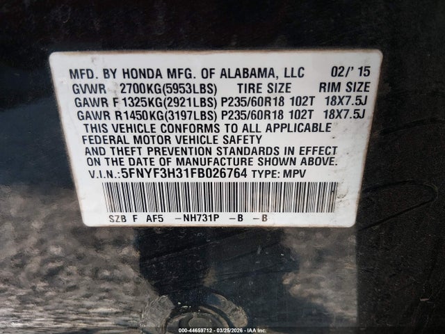 Aukcja sprzedaży 2015 Honda Pilot Se, vin: 5FNYF3H31FB026764, numer aukcji: 44659712