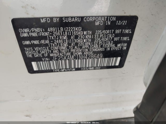 Aukcja sprzedaży 2022 Subaru Forester Wilderness, vin: JF2SKAMC1NH428649, numer aukcji: 44659721
