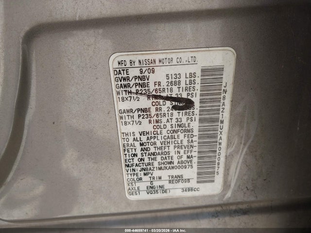 Aukcja sprzedaży 2010 Nissan Murano Sl, vin: JN8AZ1MUXAW000975, numer aukcji: 44659741