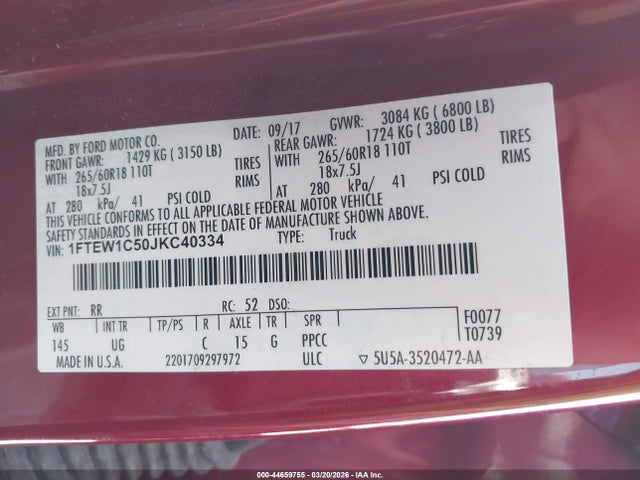 44659755 :رقم المزاد ، 1FTEW1C50JKC40334 vin ، 2018 Ford F-150 Xlt مزاد بيع